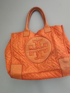 Tory Burch Bright Orange Quilted Logo Tote